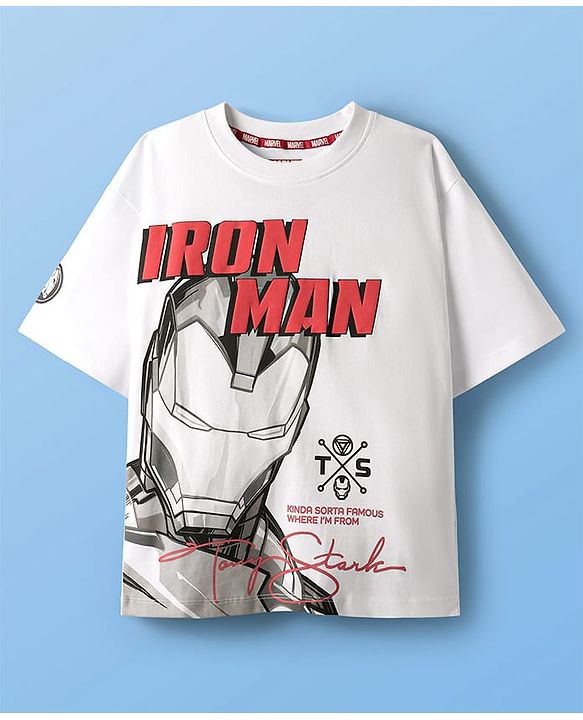 Pine Kids Marvel Single Jersey Knit Half Drop Shoulder Sleeves T-Shirt & Shorts Set With Iron Man Graphics Pocket & Tape Detailing - White & Black