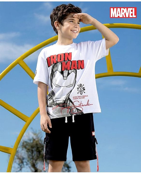 Pine Kids Marvel Single Jersey Knit Half Drop Shoulder Sleeves T-Shirt & Shorts Set With Iron Man Graphics Pocket & Tape Detailing - White & Black