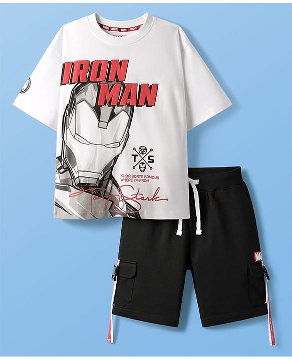 Pine Kids Marvel Single Jersey Knit Half Drop Shoulder Sleeves T-Shirt & Shorts Set With Iron Man Graphics Pocket & Tape Detailing - White & Black