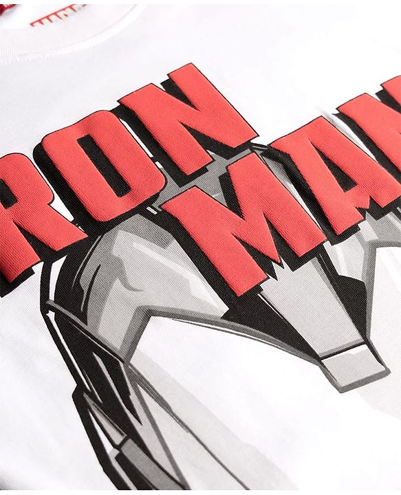 Pine Kids Marvel Single Jersey Knit Half Drop Shoulder Sleeves T-Shirt & Shorts Set With Iron Man Graphics Pocket & Tape Detailing - White & Black