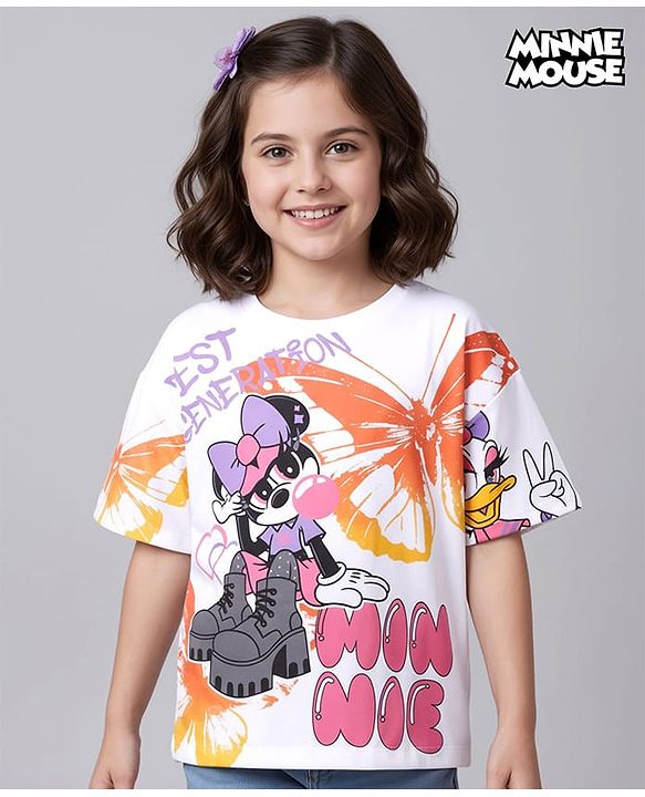 Pine Kids Disney Single Jersey Knit Half Drop Shoulder Sleeves Oversized T-Shirt with Front & Back Minnie & Friends Graphics - White
