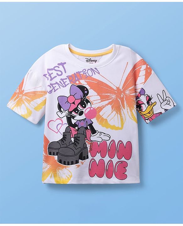 Pine Kids Disney Single Jersey Knit Half Drop Shoulder Sleeves Oversized T-Shirt with Front & Back Minnie & Friends Graphics - White