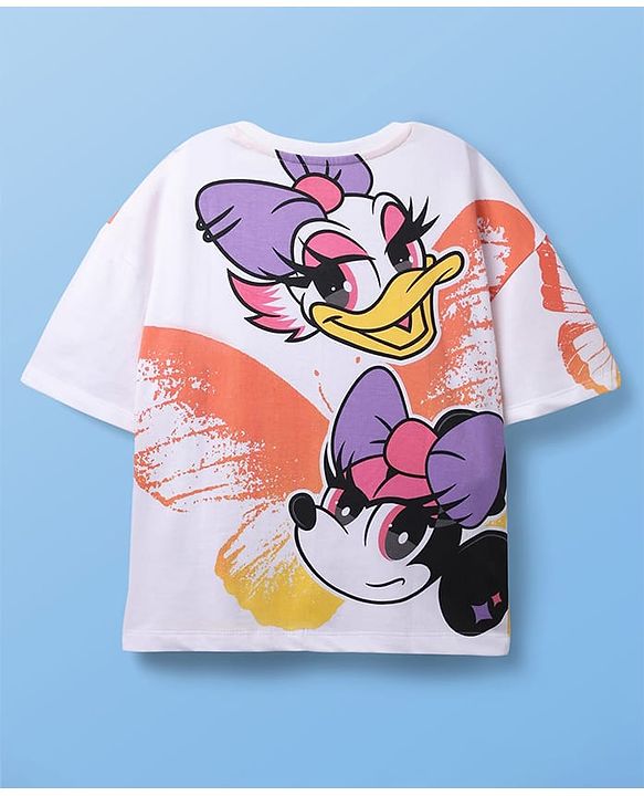 Pine Kids Disney Single Jersey Knit Half Drop Shoulder Sleeves Oversized T-Shirt with Front & Back Minnie & Friends Graphics - White