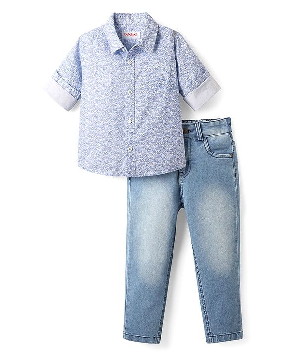 Babyhug Cotton Woven Full Sleeves Printed Shirt & Denim Jeans Set - Blue