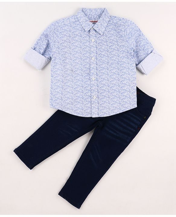 Babyhug Cotton Woven Full Sleeves Printed Shirt & Denim Jeans Set - Blue