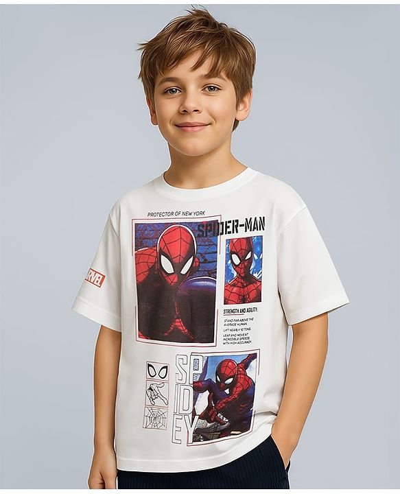 Pine Kids Marvel Terry Knit Oversized Drop Shoulder Half Sleeves T-Shirt With Spider-man Graphics And Badge Detailing - White