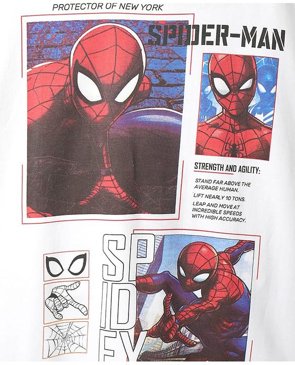 Pine Kids Marvel Terry Knit Oversized Drop Shoulder Half Sleeves T-Shirt With Spider-man Graphics And Badge Detailing - White
