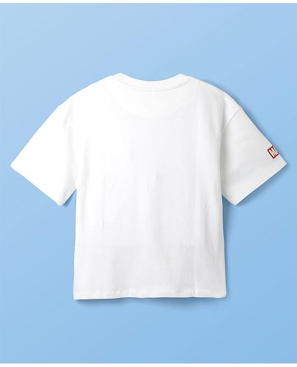 Pine Kids Marvel Terry Knit Oversized Drop Shoulder Half Sleeves T-Shirt With Spider-man Graphics And Badge Detailing - White
