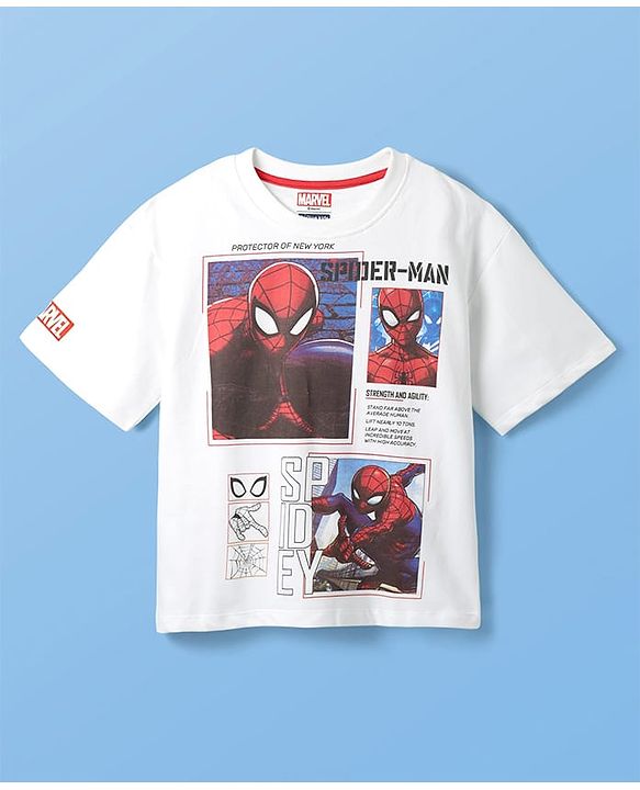 Pine Kids Marvel Terry Knit Oversized Drop Shoulder Half Sleeves T-Shirt With Spider-man Graphics And Badge Detailing - White