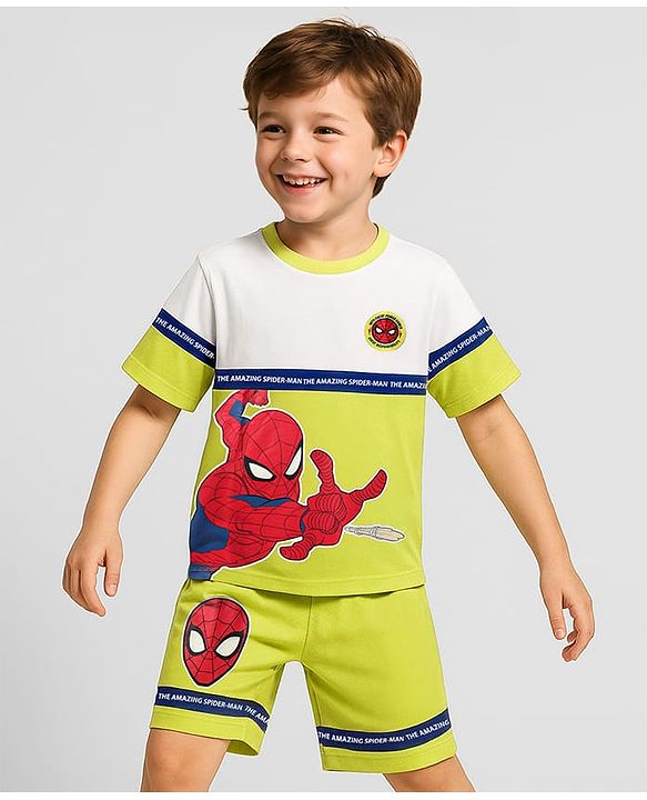 Pine Kids Marvel Terry Knit Half Drop Shoulder Sleeves Cut & Sew Oversized T-Shirt & Shorts Set With Spider-Man Graphics - Multicolor