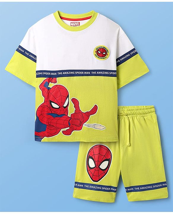 Pine Kids Marvel Terry Knit Half Drop Shoulder Sleeves Cut & Sew Oversized T-Shirt & Shorts Set With Spider-Man Graphics - Multicolor
