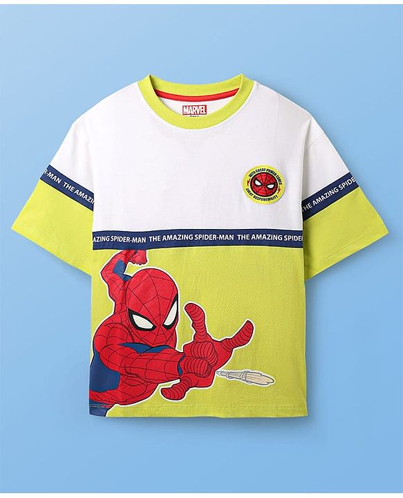 Pine Kids Marvel Terry Knit Half Drop Shoulder Sleeves Cut & Sew Oversized T-Shirt & Shorts Set With Spider-Man Graphics - Multicolor