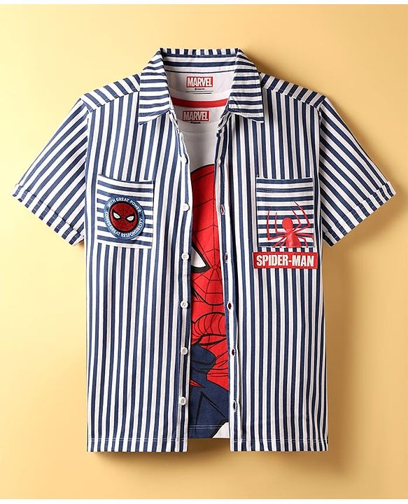 Pine Kids Marvel Cotton Woven Half Sleeves Shirt with Inner Tee  Spider Man Graphics - Multicolor