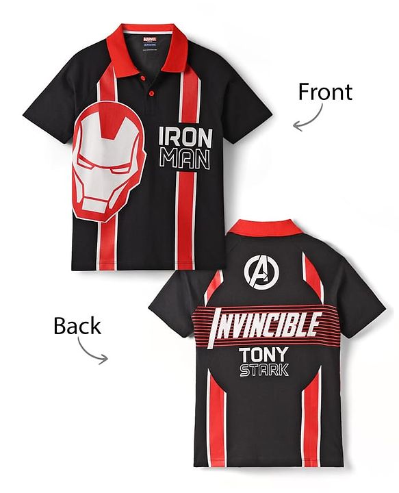 Pine Kids Marvel Terry Knit Half Sleeves Polo T-Shirt With Front And Back Avenger Iron Man Graphics - Red & Black