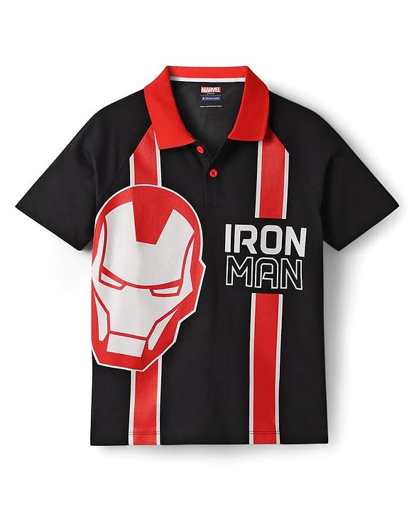 Pine Kids Marvel Terry Knit Half Sleeves Polo T-Shirt With Front And Back Avenger Iron Man Graphics - Red & Black
