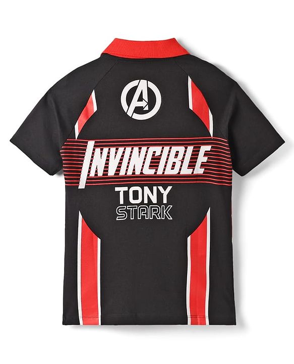 Pine Kids Marvel Terry Knit Half Sleeves Polo T-Shirt With Front And Back Avenger Iron Man Graphics - Red & Black