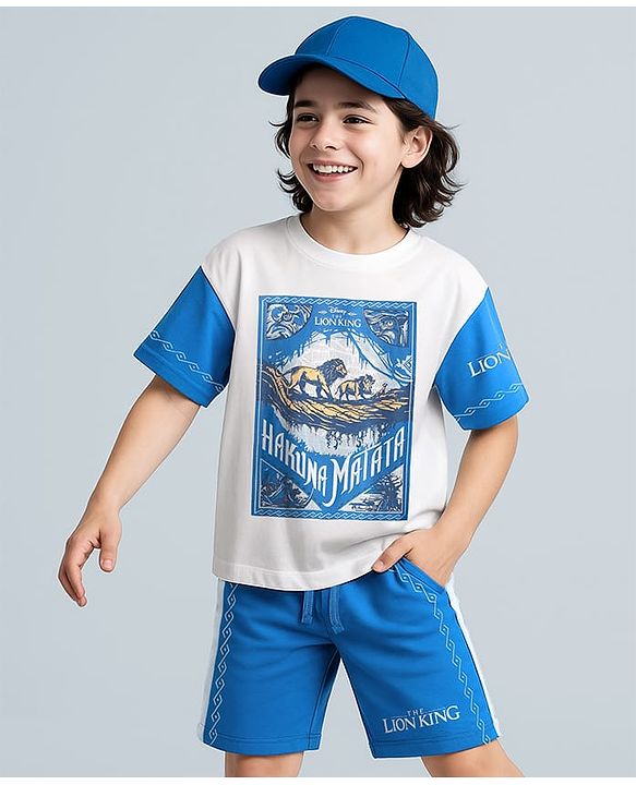 Pine Kids Disney 100% Cotton Oversized Drop Shoulder Half Sleeves T-Shirt & Shorts Set With Lion King Graphics - Blue