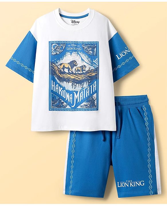 Pine Kids Disney 100% Cotton Oversized Drop Shoulder Half Sleeves T-Shirt & Shorts Set With Lion King Graphics - Blue
