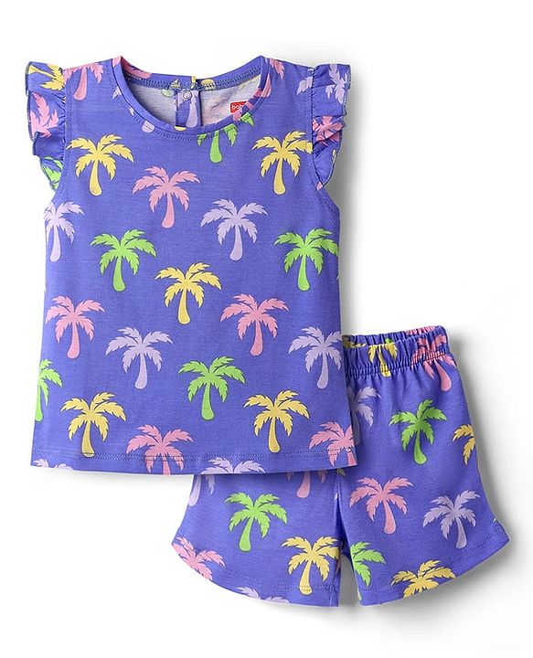 Babyhug 100% Cotton Knit Frill Sleeves Co-ords Shorts Night Suit With Tropical Theme Print - Violet