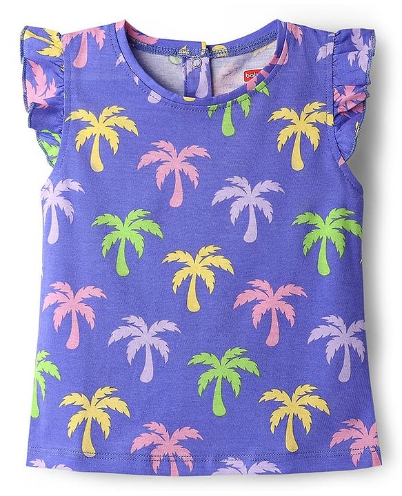 Babyhug 100% Cotton Knit Frill Sleeves Co-ords Shorts Night Suit With Tropical Theme Print - Violet