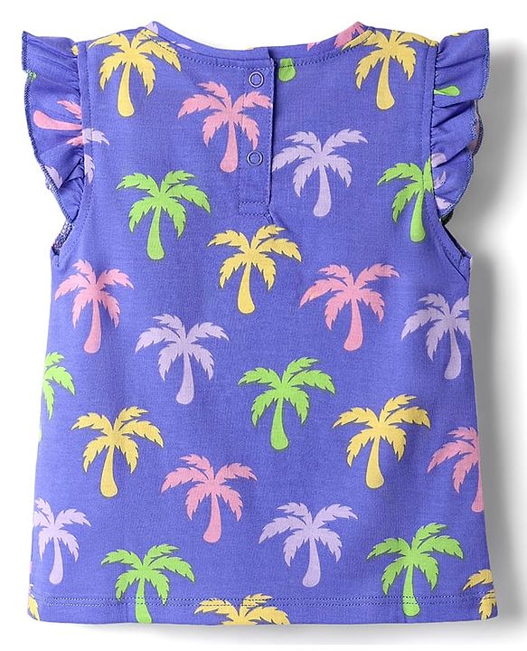 Babyhug 100% Cotton Knit Frill Sleeves Co-ords Shorts Night Suit With Tropical Theme Print - Violet