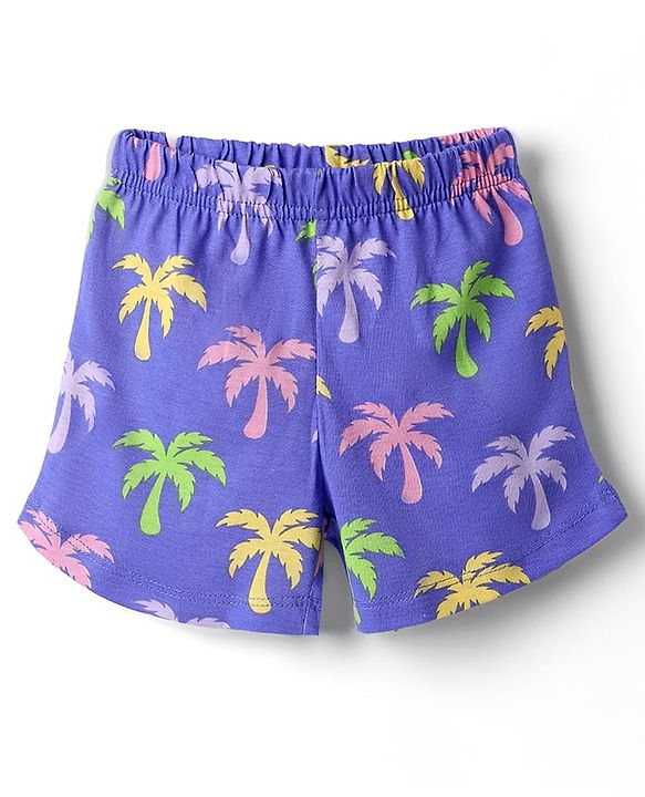 Babyhug 100% Cotton Knit Frill Sleeves Co-ords Shorts Night Suit With Tropical Theme Print - Violet