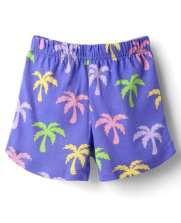 Babyhug 100% Cotton Knit Frill Sleeves Co-ords Shorts Night Suit With Tropical Theme Print - Violet
