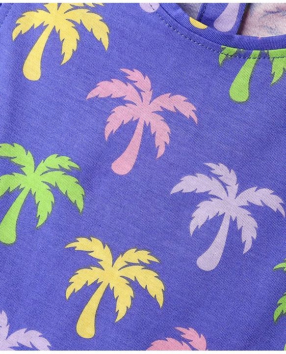 Babyhug 100% Cotton Knit Frill Sleeves Co-ords Shorts Night Suit With Tropical Theme Print - Violet