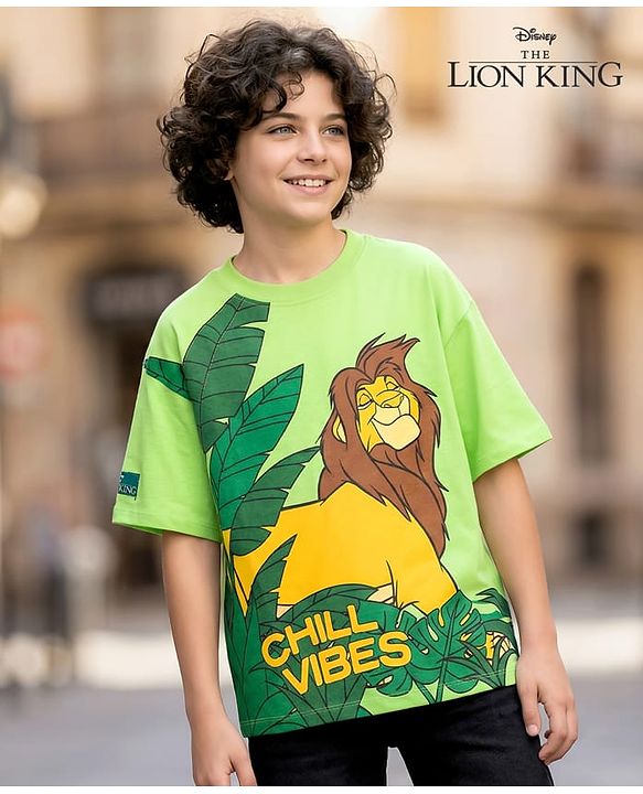 Pine Kids Disney Terry Knit Half Drop Shoulder Sleeves Oversized T-Shirt with Lion King Graphics - Light Green