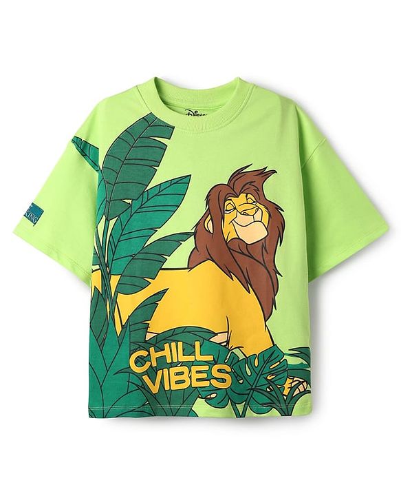 Pine Kids Disney Terry Knit Half Drop Shoulder Sleeves Oversized T-Shirt with Lion King Graphics - Light Green