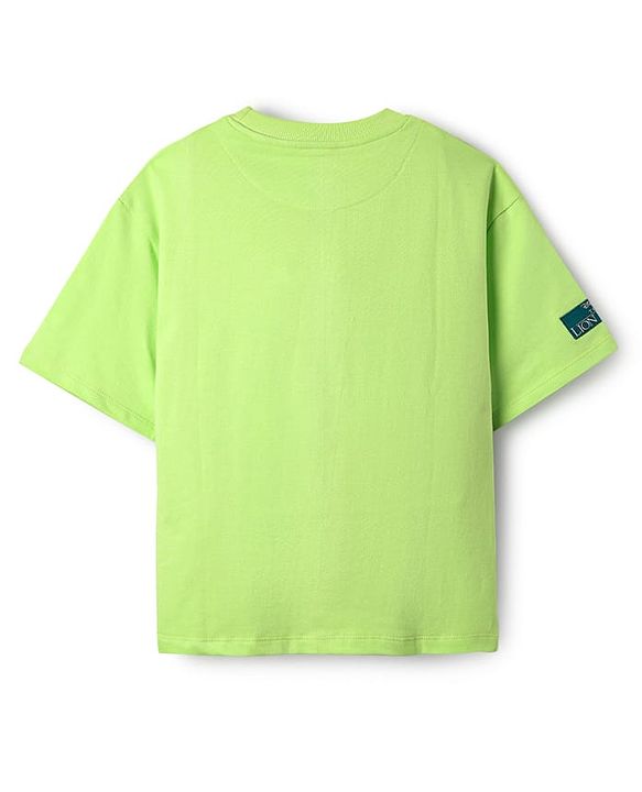 Pine Kids Disney Terry Knit Half Drop Shoulder Sleeves Oversized T-Shirt with Lion King Graphics - Light Green