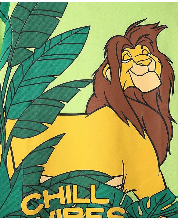 Pine Kids Disney Terry Knit Half Drop Shoulder Sleeves Oversized T-Shirt with Lion King Graphics - Light Green