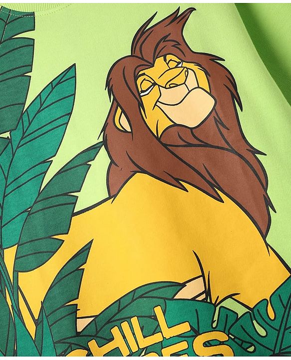 Pine Kids Disney Terry Knit Half Drop Shoulder Sleeves Oversized T-Shirt with Lion King Graphics - Light Green