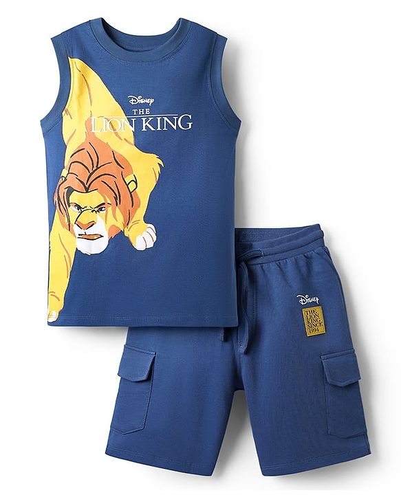 Pine Kids Disney Terry Knit Sleeveless Tank T-Shirt & Shorts Set With Lion King Graphics - Navy Blue