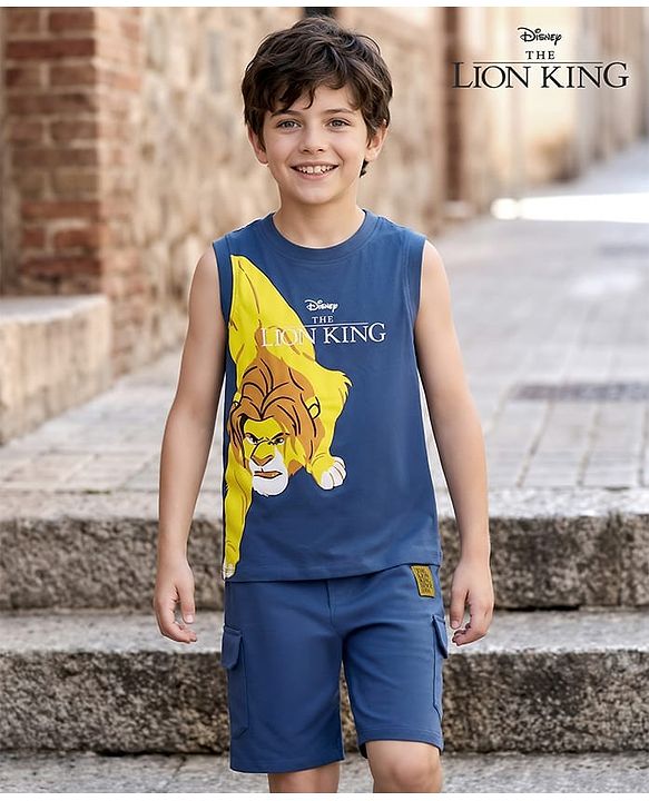 Pine Kids Disney Terry Knit Sleeveless Tank T-Shirt & Shorts Set With Lion King Graphics - Navy Blue