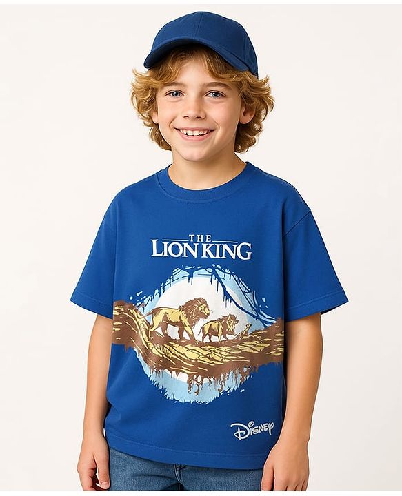 Pine Kids Disney Single Jersey Knit Half Sleeves Oversize Drop Shoulder T-Shirt With Lion King Graphics - Blue