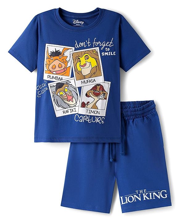 Pine Kids Disney Single Jersey Knit Half Sleeves Shorts Night Suit With Lion King Graphics - Navy Blue