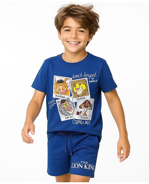 Pine Kids Disney Single Jersey Knit Half Sleeves Shorts Night Suit With Lion King Graphics - Navy Blue