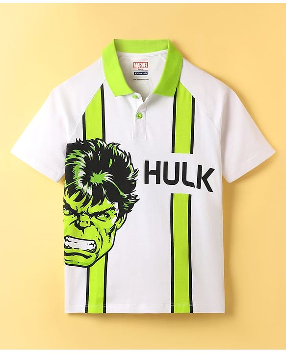Pine Kids Marvel Terry Knit Half Sleeves Polo T-Shirt With Front And Back Avenger Hulk Graphics - White & Green