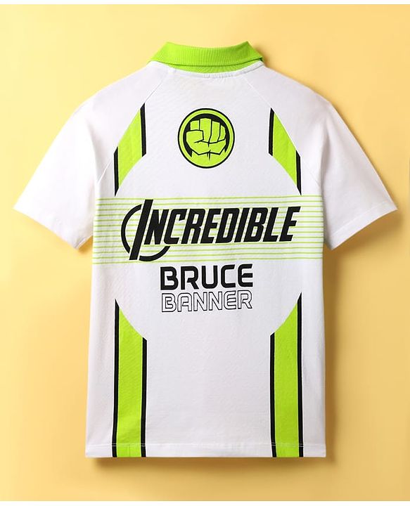 Pine Kids Marvel Terry Knit Half Sleeves Polo T-Shirt With Front And Back Avenger Hulk Graphics - White & Green