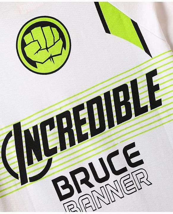 Pine Kids Marvel Terry Knit Half Sleeves Polo T-Shirt With Front And Back Avenger Hulk Graphics - White & Green