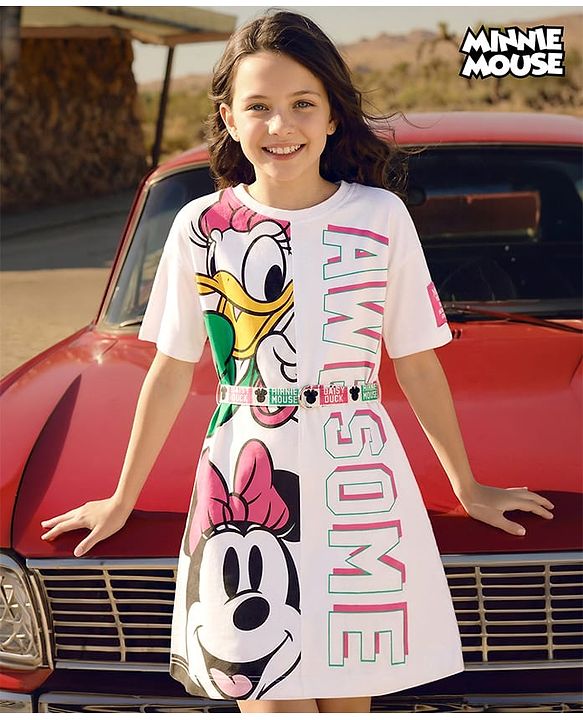 Pine Kids Disney Terry Knit Oversize Drop Shoulder Half Sleeves Cut & Sew Sweatshirt Dress with Minnie and Friends Graphics - White