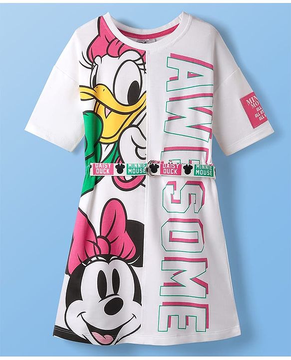 Pine Kids Disney Terry Knit Oversize Drop Shoulder Half Sleeves Cut & Sew Sweatshirt Dress with Minnie and Friends Graphics - White