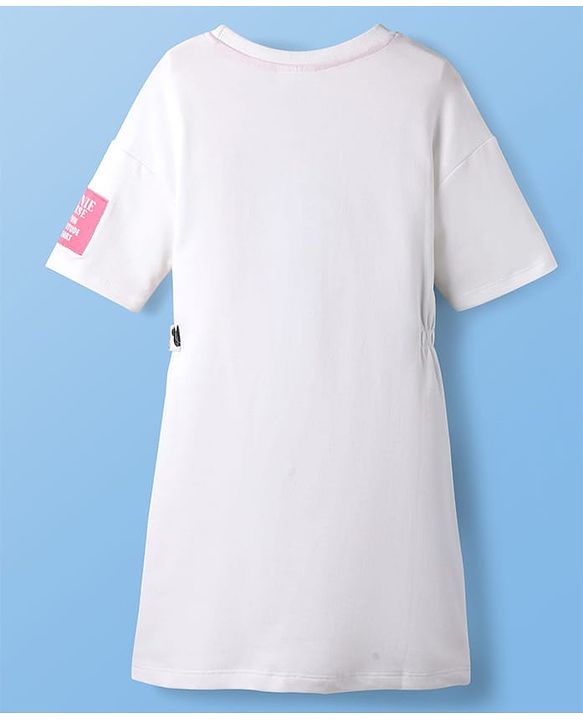 Pine Kids Disney Terry Knit Oversize Drop Shoulder Half Sleeves Cut & Sew Sweatshirt Dress with Minnie and Friends Graphics - White