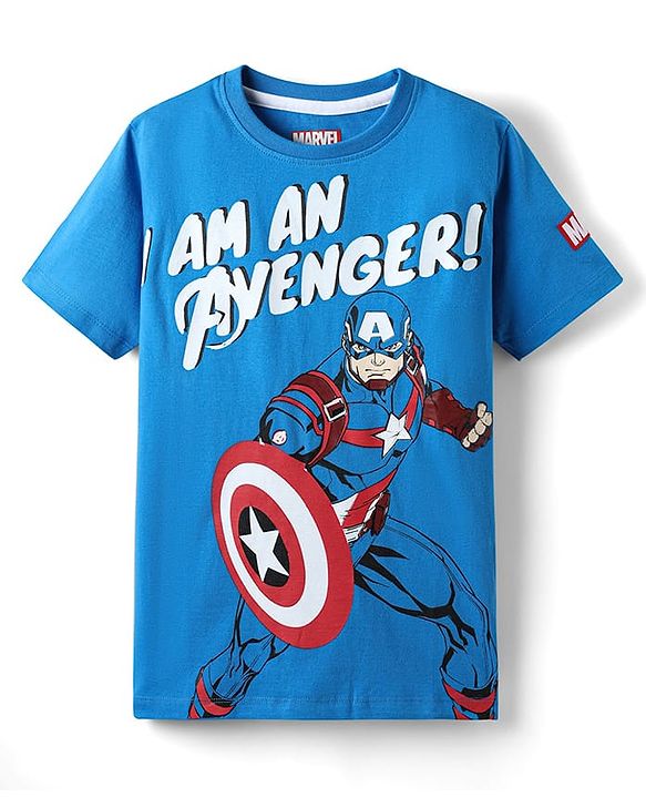 Pine Kids Marvel Single Jersey Knit Half Sleeve T-Shirt With Avenger Graphics And Badge Detailing - Blue