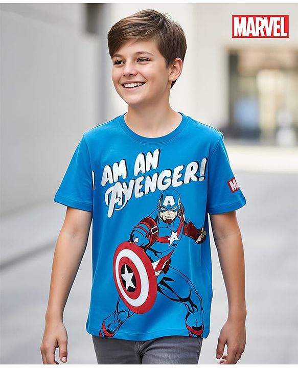 Pine Kids Marvel Single Jersey Knit Half Sleeve T-Shirt With Avenger Graphics And Badge Detailing - Blue