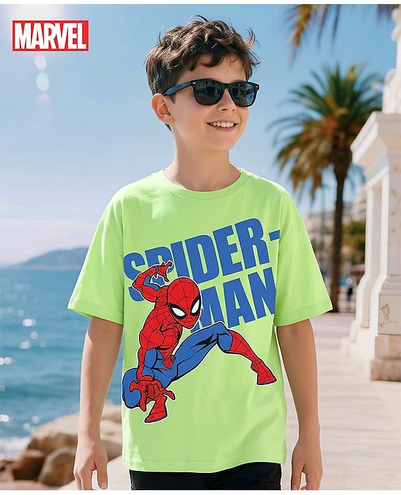 Pine Kids Marvel Single Jersey Knit Half Sleeve T-Shirt With Spider Man Graphics - Light Green