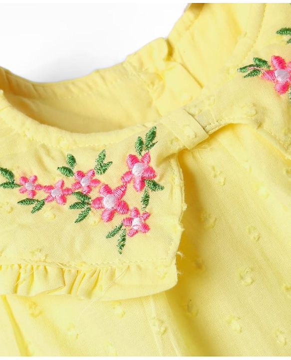 Babyhug Cotton Woven Sleeveless Peter Pan Collar Top with Floral Embroidery - Yellow