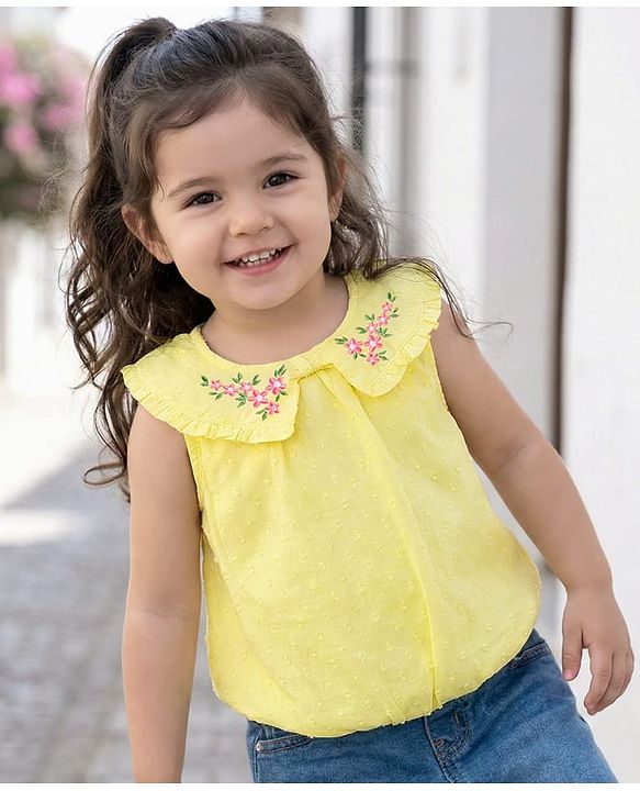 Babyhug Cotton Woven Sleeveless Peter Pan Collar Top with Floral Embroidery - Yellow