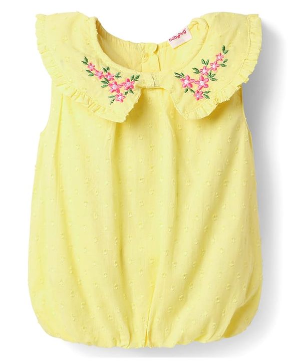 Babyhug Cotton Woven Sleeveless Peter Pan Collar Top with Floral Embroidery - Yellow